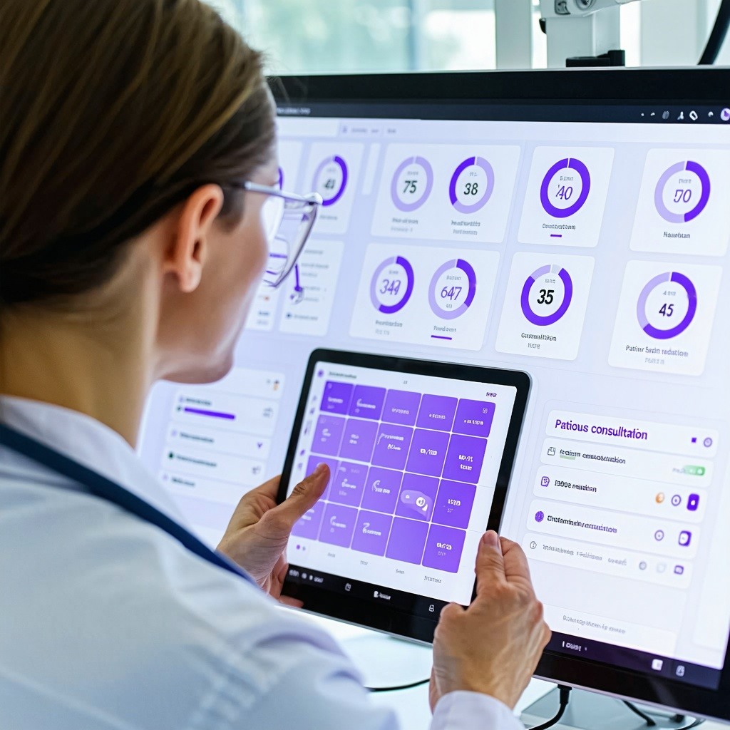 a healthcare professional in a modern clinical setting interacting with a digital interface—perhaps a tablet or computer screen displaying patients in